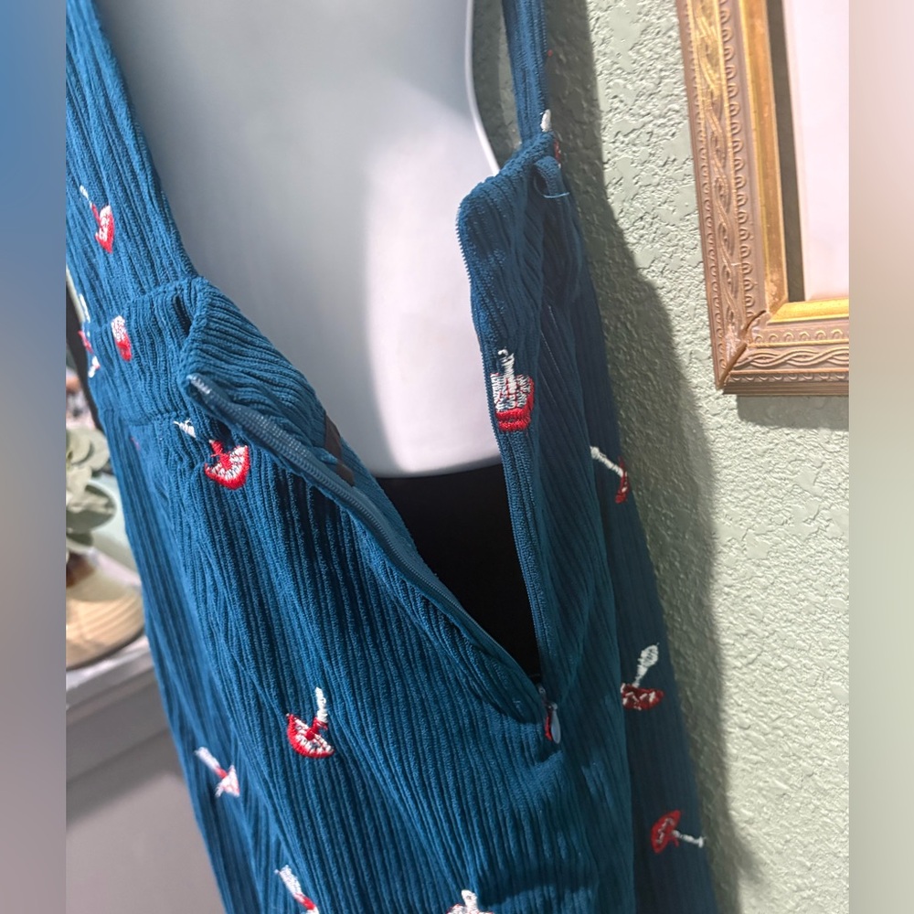 Cider Navy Blue Mushroom Embroidered Corduroy Overalls Jumpsuit - Picture 7 of 13